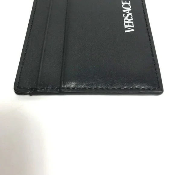 VERSACE logo Business Card Holder Pass Case Card Case Leather Black